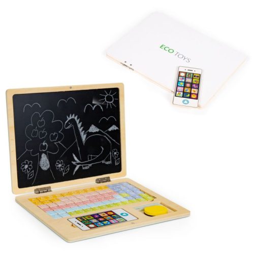 Fa mágneses oktató fekete tábla laptop telefonnal és betűkkel ECOTOYS