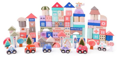 Fa oktató építőkocka város szőnyeggel 115 db ECOTOYS