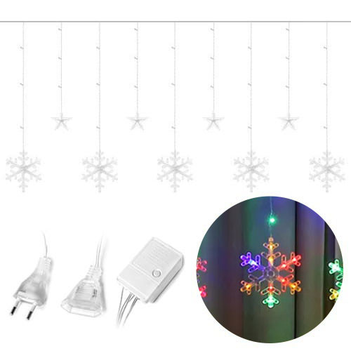 Karácsonyi fényfüzér hópelyhek csillagok függöny 138 LED-vel