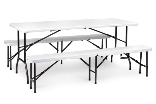 180 cm-es vendéglátó asztal + 2 pad fehér bankett készlet