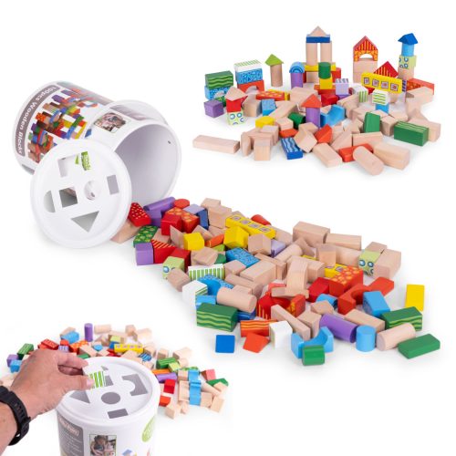 Fa építőkockák gyerekeknek, 100 darab, válogató vödör, ECOTOYS