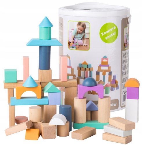 Fa építőkockák 100 darabos vödör + válogató Ecotoys