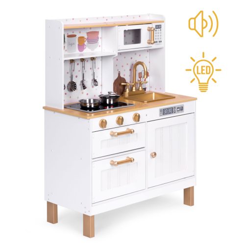 Fa játékkonyha gyerekeknek hangokkal és LED-del, nagy, nyitható szekrényekkel, 7 kiegészítővel, ECOTOYS
