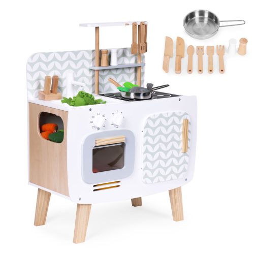 Gyerek fa konyha retro sütővel, főzőlapokkal, mosogatóval és kiegészítőkkel – ECOTOYS