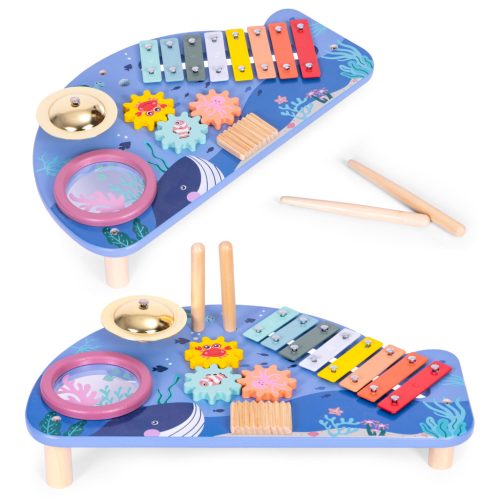 Hangszerek asztala xilofonnal, cintányérral, tamburinnal és csörgővel, tengeri téma ECOTOYS