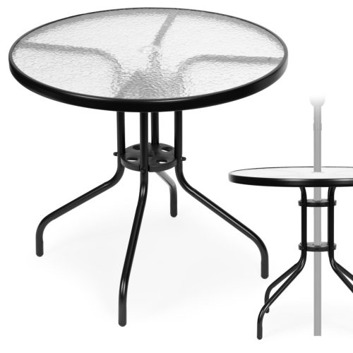 Kerek kerti asztal 80 cm, teraszra, kertbe, erkélyre, edzett üveglappal, napernyőnyílással, MultiGarden
