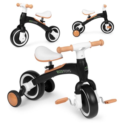 Egyensúlyozó bicikli pedálokkal – 3 az 1-ben, oldalsó kerekekkel, fekete, ECOTOYS