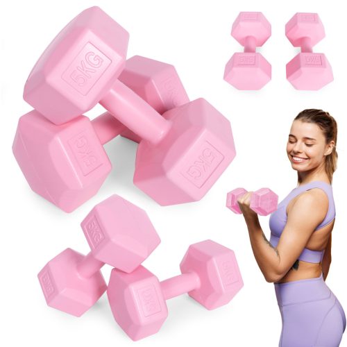 Hatszögletű kézisúlyzó szett 2x5 kg, edzősúlyok, rózsaszín, ModernHome