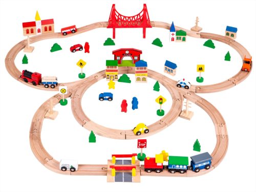 Fából készült elemes vasútpálya, 90 darabos, Ecotoys