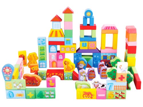 Fa oktató építőkockák – farm szett, 100 darab, Ecotoys