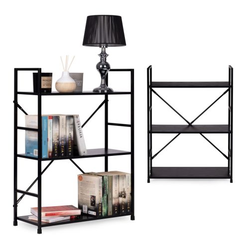 Széles loft fa könyvespolc fém vázzal, 3 polcos ModernHome