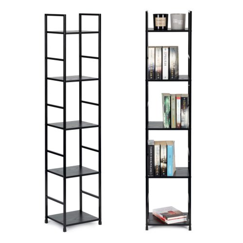 Modern fa polc, fém vázzal, LOFT, 5 polcos, fekete, ModernHome