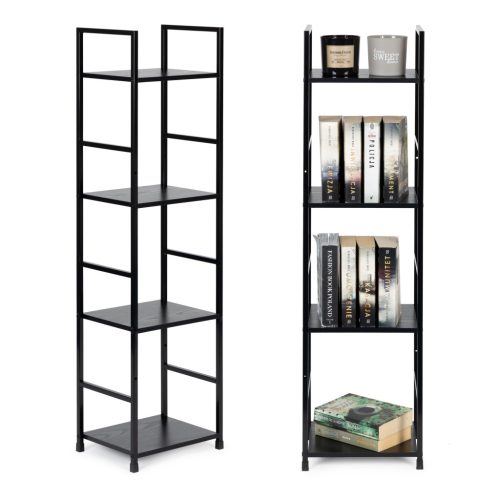 Modern fa polc, fém vázzal, 4 szintes, fekete ModernHome