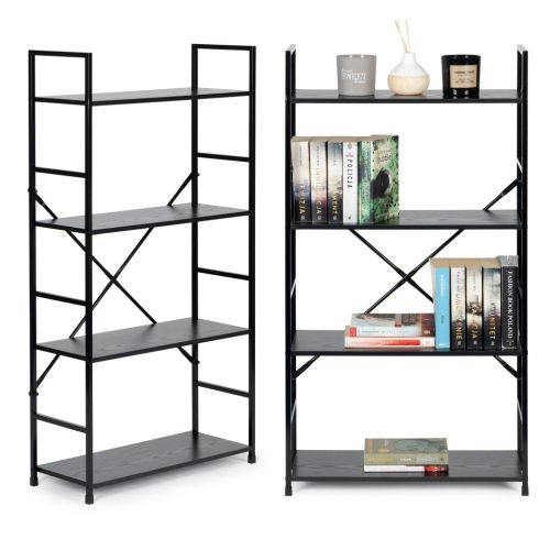 Modern széles fa polc 4 polccal, loft fekete ModernHome