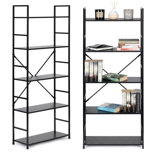 Széles, modern LOFT fa könyvespolc 5 polccal, fekete – ModernHome